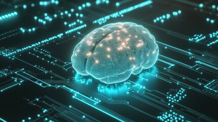 Poster - A digital brain illustration with glowing connections on a circuit board background, symbolizing artificial intelligence and technology.