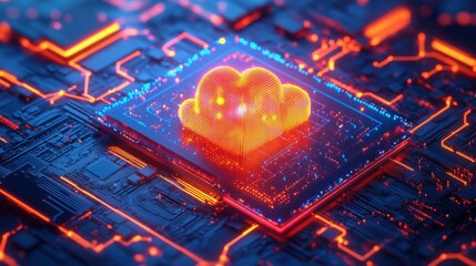 Poster - A vibrant digital representation of a cloud symbol on a circuit board, illustrating technology and data connectivity in a futuristic setting.