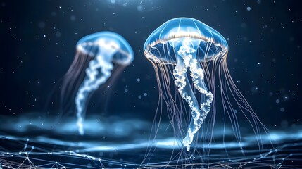 Poster - Abstract polygonal minimalist illustration of a jellyfish floating gracefully in the ocean with colorful patterns