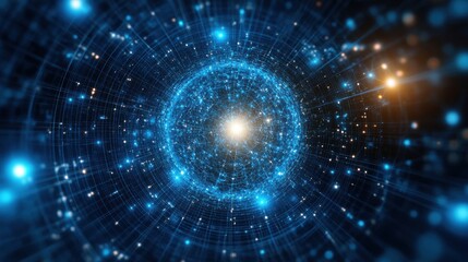 Poster - An abstract digital representation of energy and light, showcasing a bright center surrounded by a web of glowing particles.