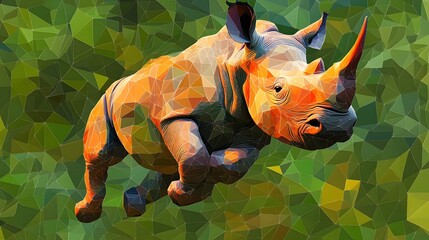 Poster - Abstract polygonal minimalist rhinoceros jumping in midair against a bright colorful background in a unique artistic style