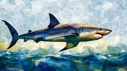 Poster - Abstract polygonal minimalist shark swimming gracefully in the ocean with artistic expression of movement and color