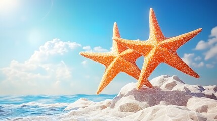 Poster - Abstract polygonal minimalist starfish resting on a rock in the ocean with artistic representation of nature's beauty