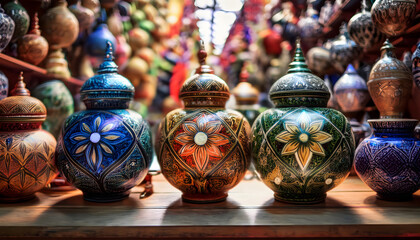 Poster - Intricately designed decorative jars displayed against a colorful backdrop, showcasing craftsmanship and artistic flair
