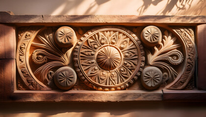 Poster - Intricately carved decorative panel featuring floral designs and circular motifs, showcasing craftsmanship and artistic detail