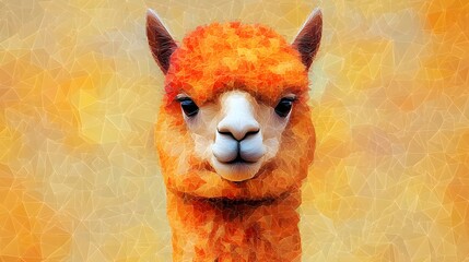 Poster - Minimalist geometric polygon illustration of an alpaca set against a bright and vibrant orange background for artistic appeal
