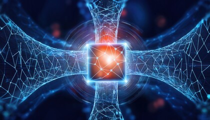 Poster - glowing blockchain network with central ai core representing decentralized technology and security f