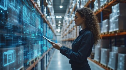 Poster - A woman interacts with a digital interface in a warehouse, highlighting technology and logistics in a modern inventory setting.