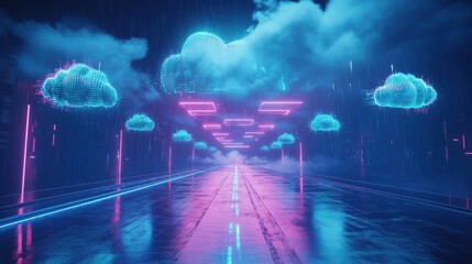 Poster - A futuristic landscape featuring neon-lit clouds and a reflective road, creating a surreal, digital atmosphere.