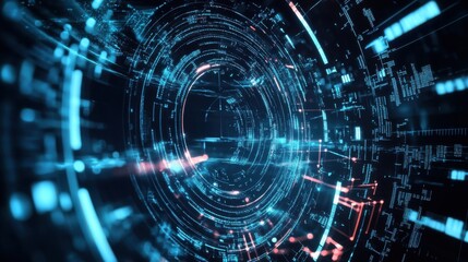 Poster - a futuristic digital tunnel with vibrant blue and red lines, representing technology and data flow i