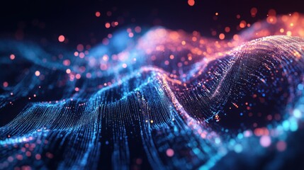 Poster - A vibrant, abstract visualization of colorful waves made up of glowing particles, creating a dynamic and energetic atmosphere.
