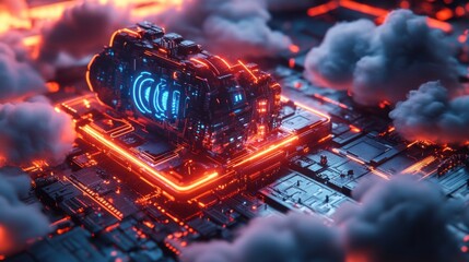 Poster - A futuristic, glowing structure surrounded by clouds and circuit-like patterns, evoking a high-tech, sci-fi atmosphere.