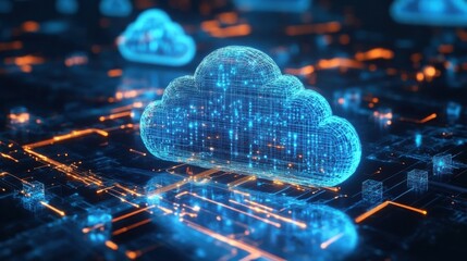 Poster - A digital representation of a cloud symbol surrounded by glowing circuitry, illustrating concepts of cloud computing and technology.