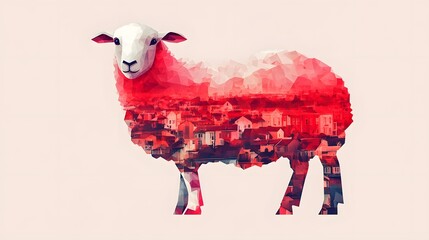 Poster - Abstract geometric illustration of a minimalist sheep shape in a unique artistic style featuring bold lines and colors