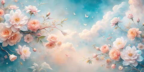 Wall Mural - dreamlike pastel roses and butterflies soaring through a serene, cloudy sky