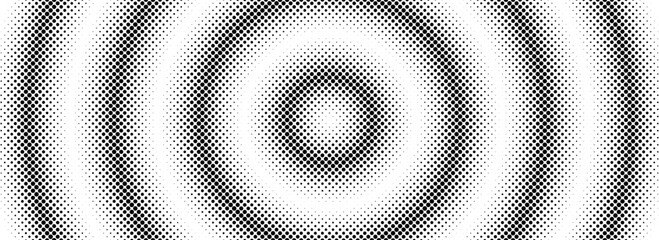 Poster - Halftone circle background. Black and white dotted circular gradient. Radial comic target texture. Fading dot epicenter wallpaper concept. Vector grunge rough round pop art rasterized backdrop