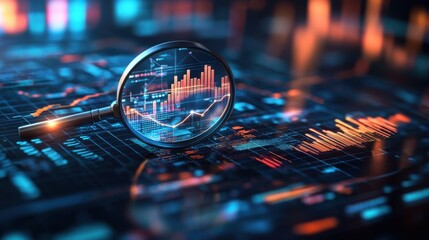 Poster - A magnifying glass focuses on digital graphs and data, emphasizing analytics and technology in a vibrant, futuristic setting.