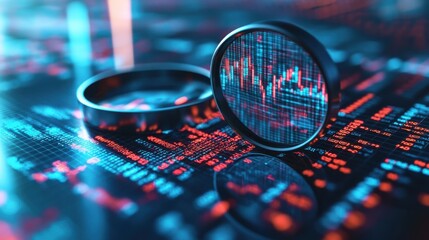 Poster - A magnifying glass rests on vibrant digital stock market data, reflecting colorful graphs and numbers, symbolizing financial analysis and technology.