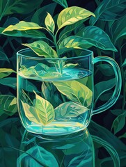 Leinwandbilder - Futuristic neon-inspired illustration of glowing tea leaves in a sleek glass cup with surreal green and blue hues giving a modern aesthetic