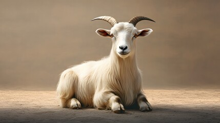 Poster - Tranquil goat resting comfortably on ground surrounded by nature in a minimalist geometric style illustration