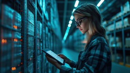 Poster - A young woman using a tablet in a warehouse, illuminated by blue lights, surrounded by shelves filled with products.