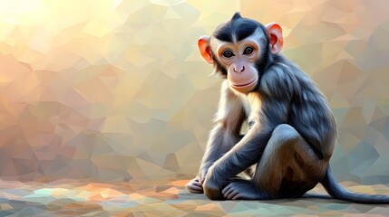 Poster - Minimalist geometric abstract illustration of a monkey sitting on a table with bold shapes and soft colors