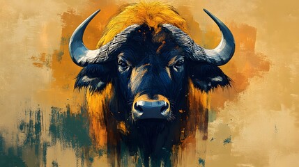 Poster - Eye-catching minimalist geometric buffalo face front view illustration with a vibrant yellow background enhancing visual impact