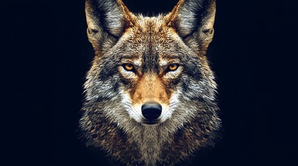 Poster - Bold minimalist geometric representation of a wolf's face in front view showcasing distinctive realistic features