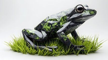 Poster - Minimalist geometric silhouette of a frog sitting in grass showcasing its natural habitat in a simple design