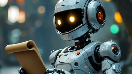 Poster - Curious robot reading scroll in futuristic cityscape at night with illuminated eyes