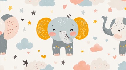  44.A seamless pattern of sweet cartoon elephants with floppy ears and cheerful expressions, surrounded by clouds, stars, and small hearts, all in soft pastel tones on a light gray background.