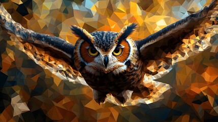 Poster - Dynamic owl in flight captured in a minimalist abstract polygon design with artistic expression and movement