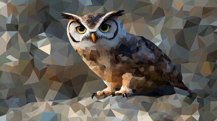 Poster - Graceful owl perched on a rock illustrated in a minimalist abstract polygon design with artistic flair and charm