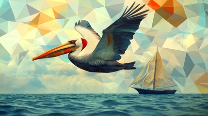 Poster - Bird in flight over a boat captured in a striking minimalist abstract polygon design illustration