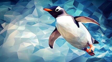 Poster - Dynamic artistic representation of a penguin flying gracefully in the air with a simplistic geometric design