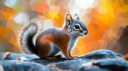 Poster - Elegant minimalist abstract polygon design illustration of a squirrel resting on a rock emphasizing natural beauty