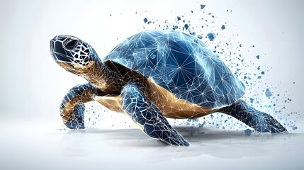 Poster - Minimalist abstract polygonal design of a turtle set against a vibrant blue background for creative visuals