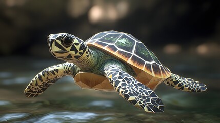 Poster - Geometric polygon illustration of a turtle swimming gracefully through clear water with minimalist style
