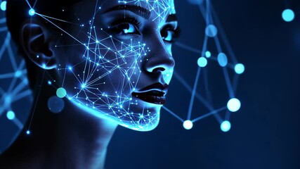 Fototapete - Futuristic female face with digital neural network and glowing connections
