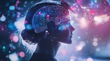 Poster - Person Wearing Headphones with Brain and Computer Interaction Visuals