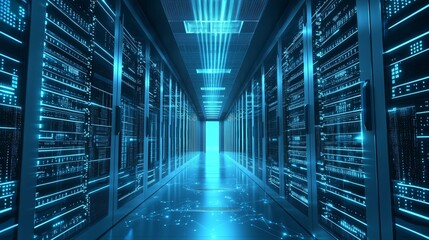 Poster - Futuristic Data Center Hallway with Glowing Equipment and Technology