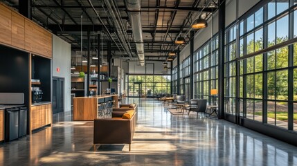 Poster - Modern industrial office interior with large windows, polished concrete floors, wooden furniture, and natural light.