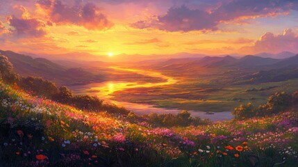 Wall Mural - A breathtaking sunset landscape featuring vibrant wildflowers in the foreground, rolling hills in the midground, and a serene river reflecting the warm hues of the sky. The sky is painted with shades 