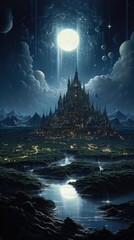 Wall Mural - A stunning digital landscape featuring a towering, intricately designed castle illuminated by a bright full moon. The scene is set against a dark night sky filled with ethereal clouds and floating cel