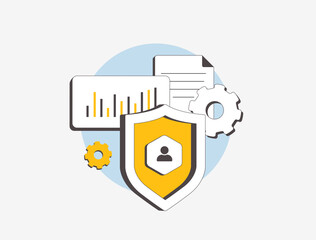 Poster - Data protection and privacy legislation statistics. Security laws, compliance trends, GDPR enforcement and global regulations. Cybersecurity policies and risk management vector illustration and icons