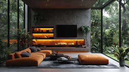 Aufkleber - Modern living room with fireplace, large windows, and lush green view.