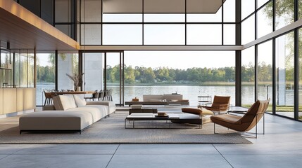 Aufkleber - Modern living room with lake view, large windows, minimalist furniture, and hardwood floors.
