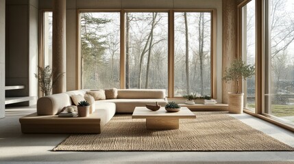 Aufkleber - Modern living room with large windows, light beige sectional sofa, wooden coffee table, and jute rug.