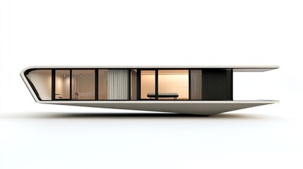 Aufkleber - Modern minimalist architectural design of a sleek, curved house, showcasing interior glimpses.