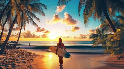 Poster - Beautiful Surfer Girl Enjoying Sunset on a Beach Generative AI